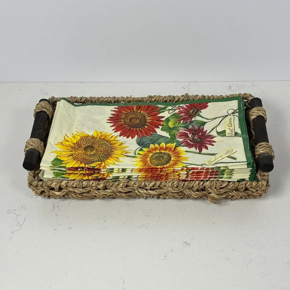 Napkin Holder Tray Woven Seagrass Farmhouse Rustic Cottage Fall Country Kitchen